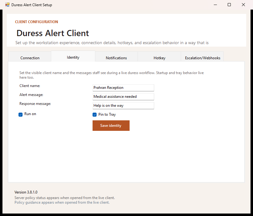 Duress Alert client configuration showing the workstation named Prahran Reception, a medical assistance alert message and a Help is on the way response message.