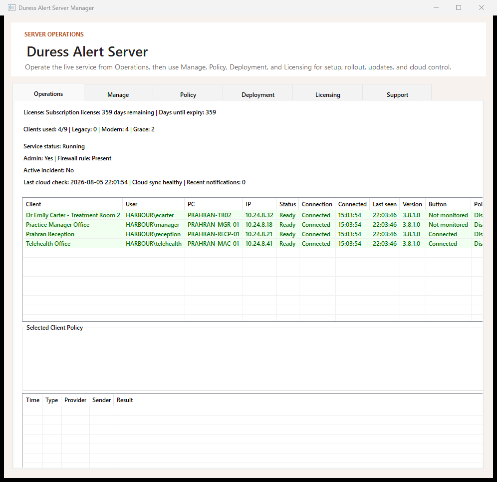Duress Alert server operations console listing four connected clients with user, PC, IP, status, version and physical button health.