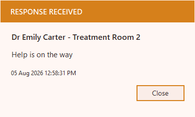 Orange Duress Alert state showing that a colleague has acknowledged the alert and is responding.