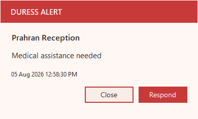 Red duress alert notification from Prahran Reception reading Medical assistance needed, with Close and Respond buttons.