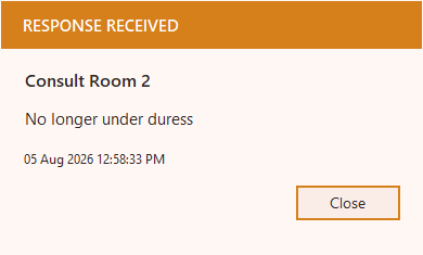 Orange all-clear notification from Consult Room 2 stating the room is no longer under duress.