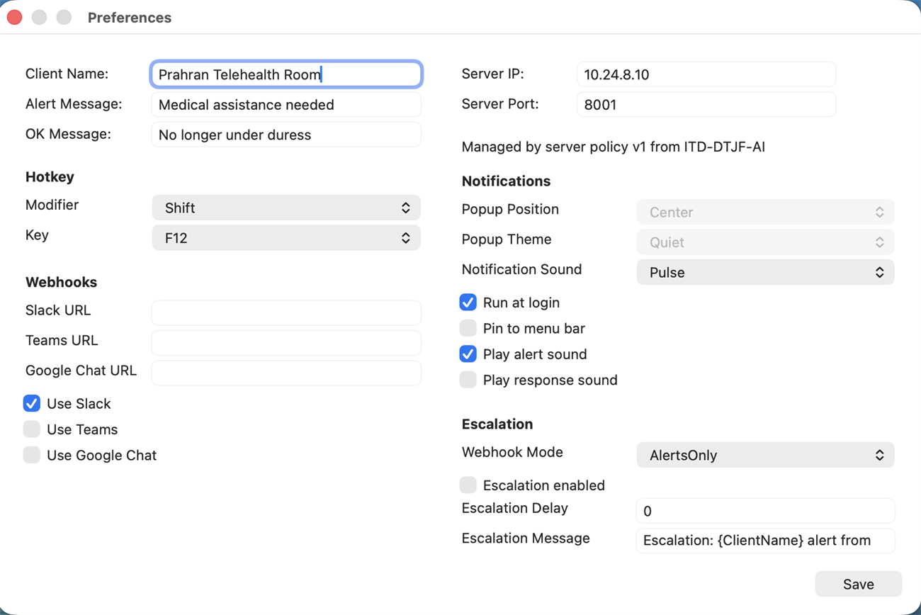 Duress Alert preferences on macOS showing the room name, server address and port, alert and all-clear wording, hotkey, notification and webhook settings.