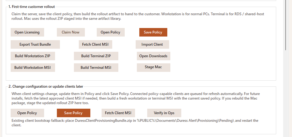 Server deployment page showing the guided rollout actions for building workstation, terminal and Mac installation packages.