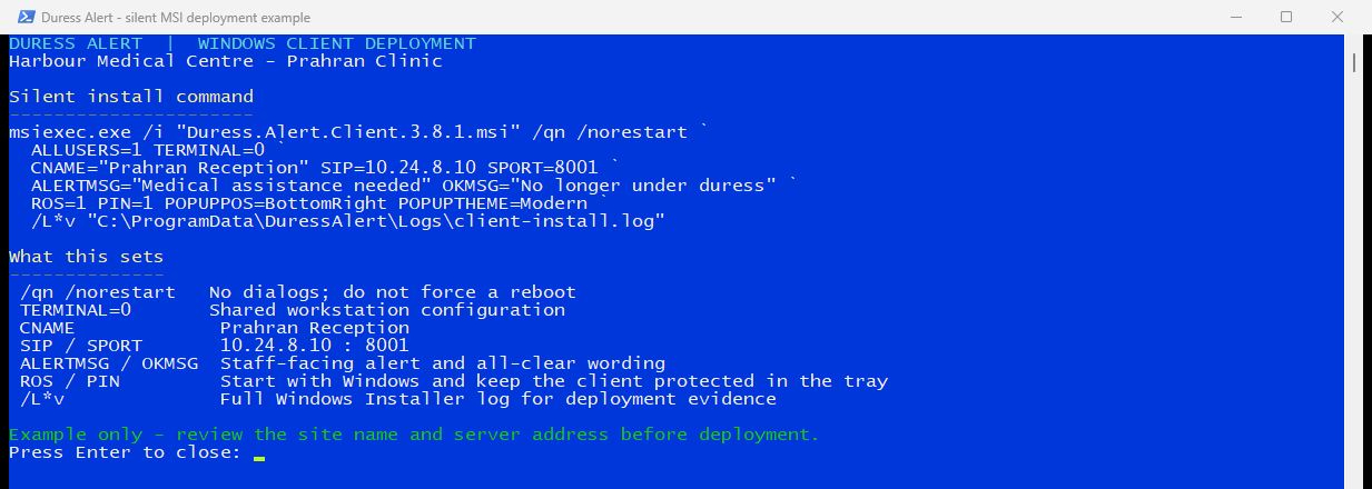 Silent Windows client installation command showing the MSI properties that set workstation name, server address and port, staff messages, startup and popup behaviour.