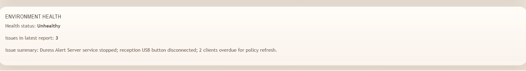 Cloud environment health panel showing an unhealthy clinic server with three issues: server service stopped, reception USB button disconnected, and two clients overdue for policy refresh.